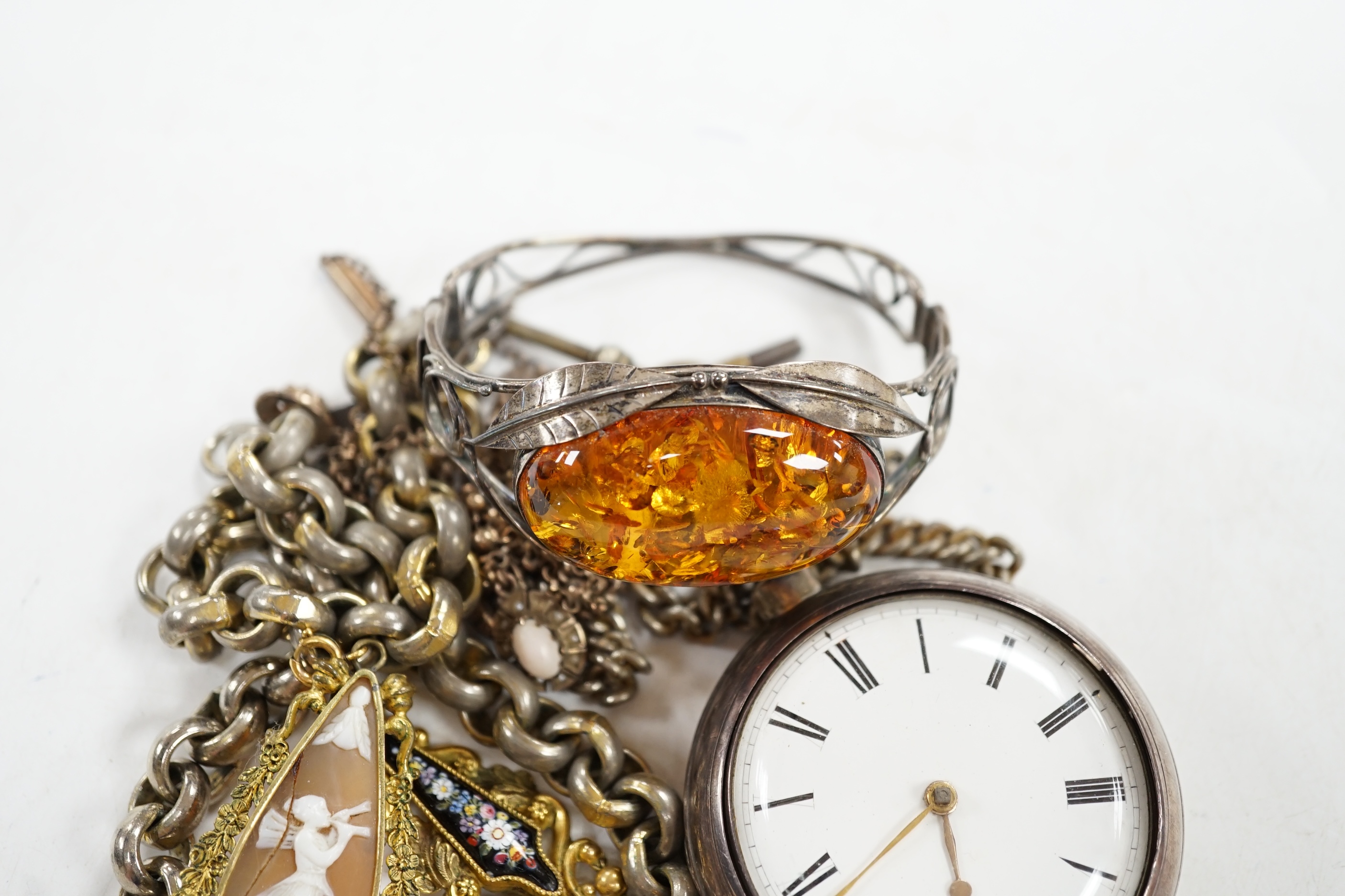 A Victorian silver pair cased pocket watch and albert, and sundry costume jewellery. Condition - mostly fair